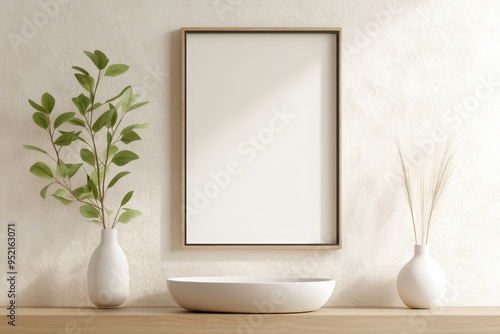 Stylish Close-up Frame Mockup in Modern Bathroom with Black Frame on Textured Wall Above Minimalist Floating Vanity