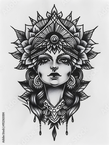 Goddesss Head very simple traditional tattoo flash styles illustration photo