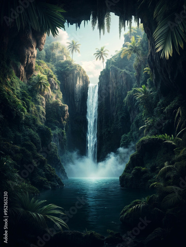 Enchanting Tropical Waterfall Cascading Through Lush Jungle Landscape