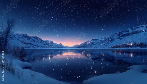 Snowy mountain landscape under starry night sky generated by AI
