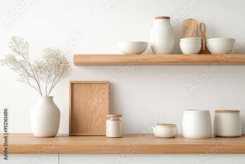 Modern Frame Mockup in Minimalist Kitchen with Wooden Frame on Tiled Wall Above Sleek Countertop - Close-Up Interior Design