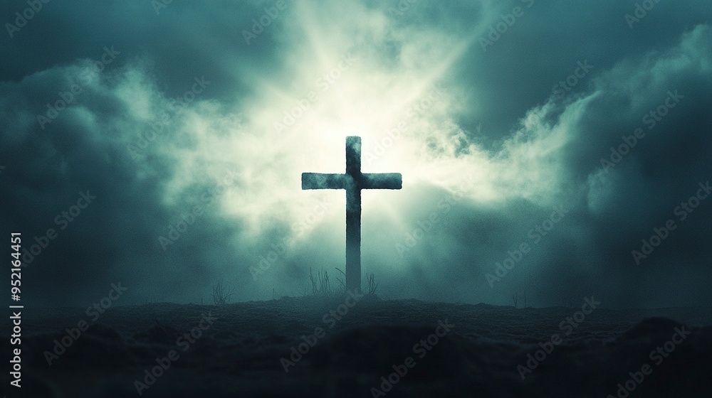 Fototapeta premium Dramatic image showing a religious church cross framed against a moody sky that is beginning to open and pierce light through behind the cross, showing the Lord's presence. generative ai