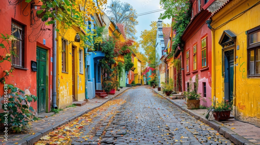 Fototapeta premium Colorful European Cobblestone Street with Fall Foliage