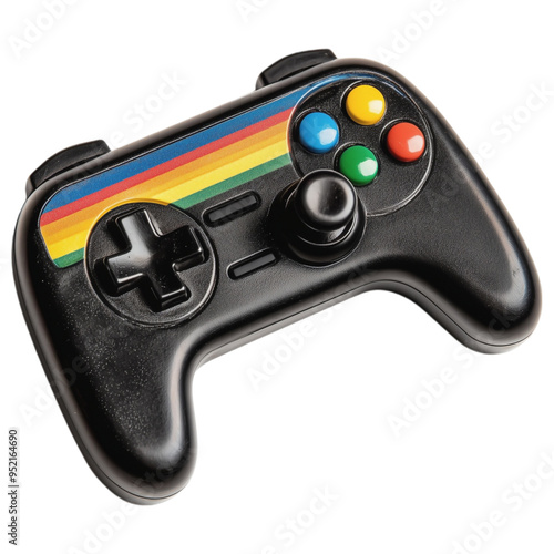 Retro gaming controller isolated on transparent background with colorful rainbow stripes and buttons.