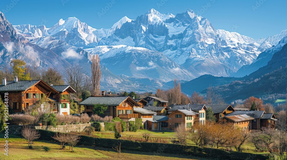 Fototapeta premium Picturesque Alpine Village with Snow-Capped Mountains