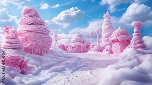 A whimsical landscape of candy-colored castles and snow-covered mountains in a fantastical dessert land photo