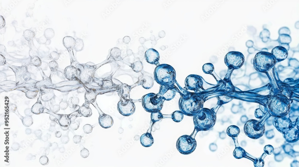 Abstract 3D Render of Interconnected Water Droplets and Molecular Structure against a White Background Abstract 3D Render of Interconnected Water Droplets and Molecular Structure against a White Background