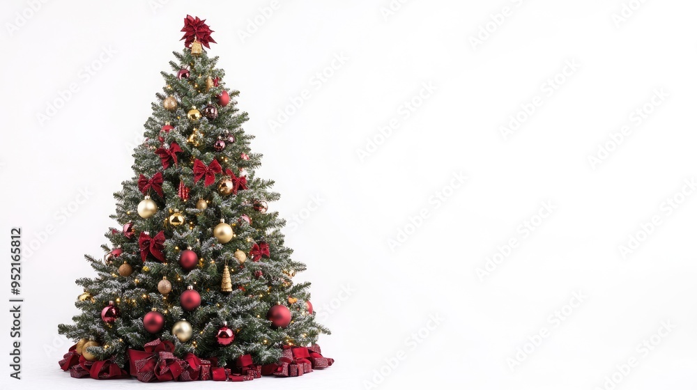 A stunning Christmas tree fully decorated with elegant ornaments and ribbons, positioned with a clean, white background providing A stunning Christmas tree fully decorated with elegant ornaments and ribbons, positioned with a clean, white background providing