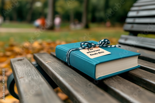 a closed book placed on a teal park bench with a handwritten note attached that reads, 