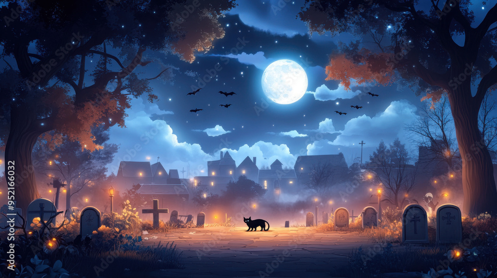 Halloween Night Cemetery with Black Cat and Full Moon.