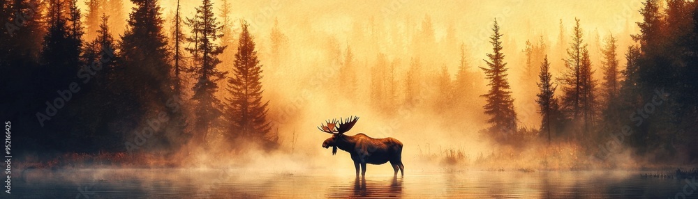 A majestic moose standing in serene waters surrounded by nature's beauty at dawn, creating a peaceful atmosphere. A majestic moose standing in serene waters surrounded by nature's beauty at dawn, creating a peaceful atmosphere.