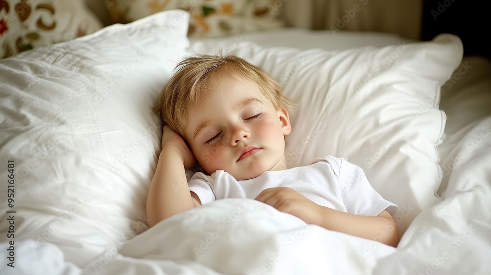 Adorable Baby Boy Sound Asleep in a White Bed, Peaceful and Serene, with Soft, Wrinkled Bedding Adorable Baby Boy Sound Asleep in a White Bed, Peaceful and Serene, with Soft, Wrinkled Bedding