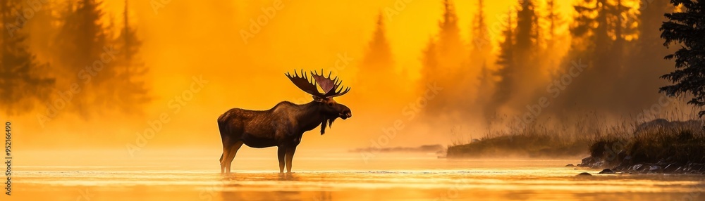 A majestic moose standing in tranquil water at sunrise, surrounded by misty trees in vibrant golden hues. A majestic moose standing in tranquil water at sunrise, surrounded by misty trees in vibrant golden hues.