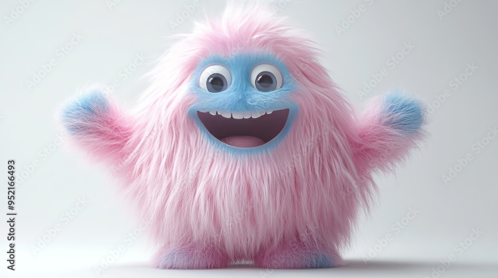 Obraz premium 3D rendering of a pink and blue Yeti cartoon character, a hairy Halloween monster with a furry, funny, and playful design, isolated on a white background.