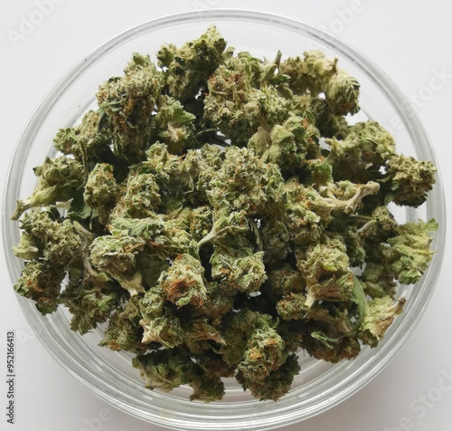 Marijuana buds storage. Medicinal cannabis flowering on white background, isolated. Hemp recreation, medical usage, legalization.