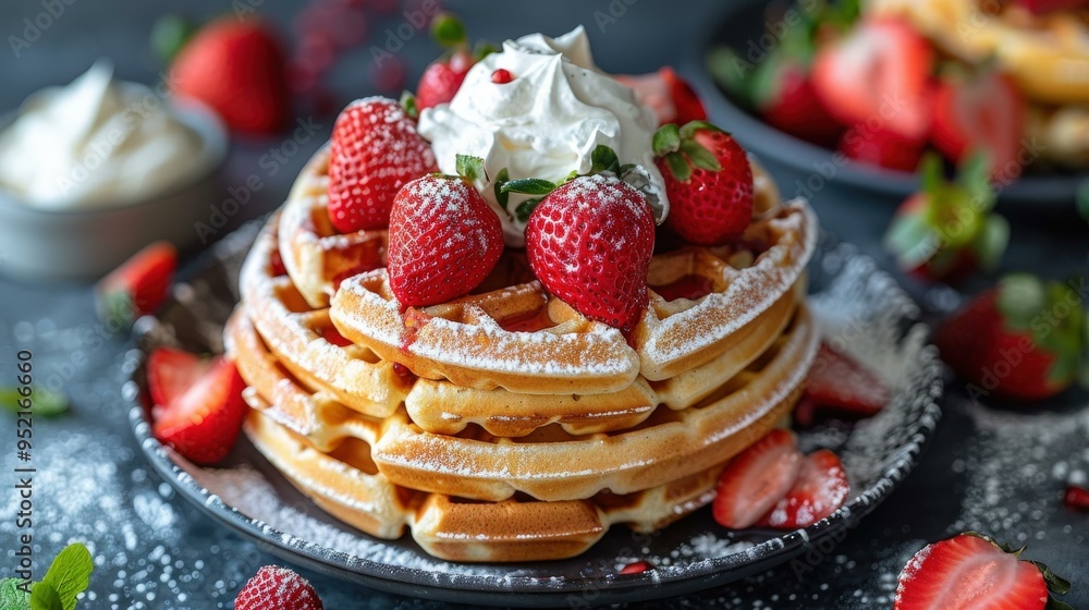 Delicious Waffles with Whipped Cream and Fresh Strawberries Delicious Waffles with Whipped Cream and Fresh Strawberries