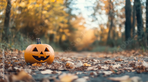 Jack-o'-lantern in autumn forest. photo