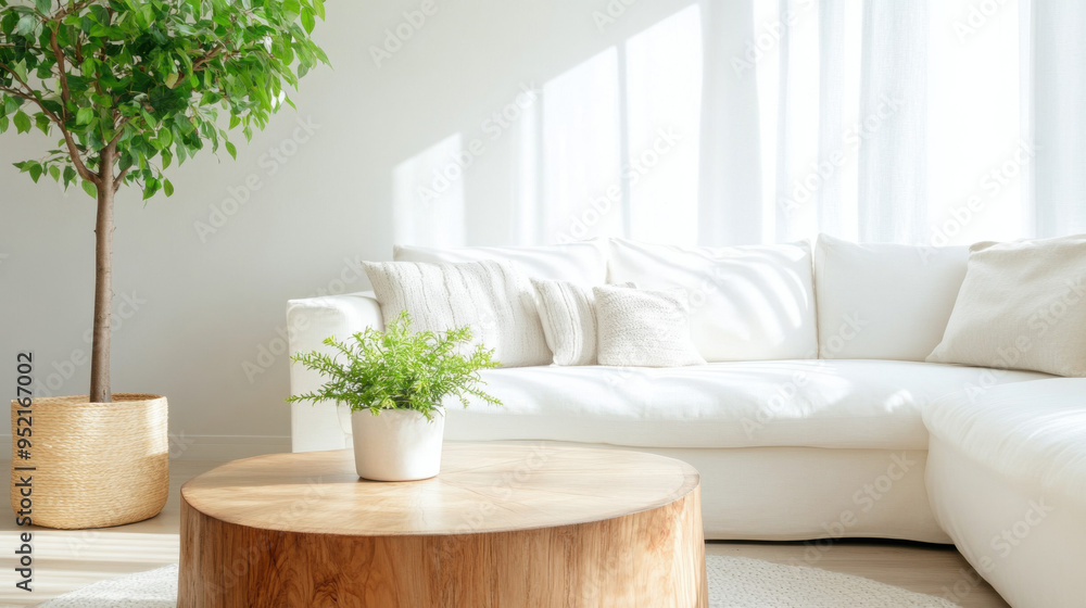 Modern Living Room Interior with White Sofa and Wooden Coffee Table. Modern Living Room Interior with White Sofa and Wooden Coffee Table.