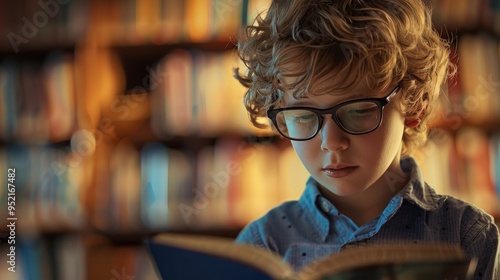 Young Boy Reading in a Library photo