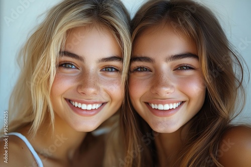 Two smiling best girl friends blond and brunette on white background. Closeup face portrait of two young beautiful women, Generative AI