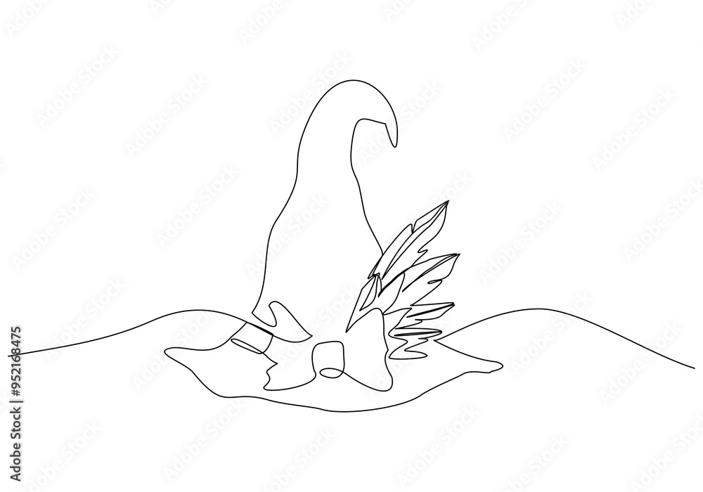 Fototapeta premium Continuous single line sketch drawing of wizard witch hat halloween costume one line vector illustration