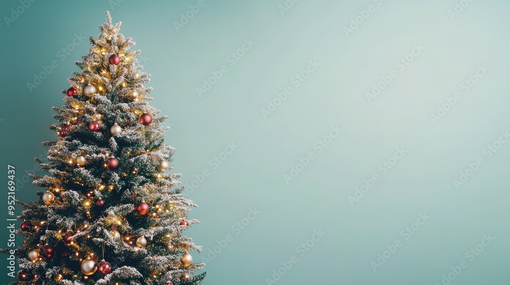 A tall Christmas tree sparkling with lights and ornaments, with a clean, uncluttered background that provides generous copy space A tall Christmas tree sparkling with lights and ornaments, with a clean, uncluttered background that provides generous copy space