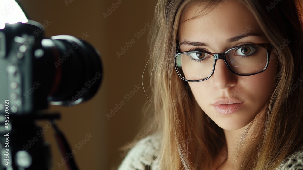 A woman with glasses looks directly at the camera, immersed in the moment A woman with glasses looks directly at the camera, immersed in the moment