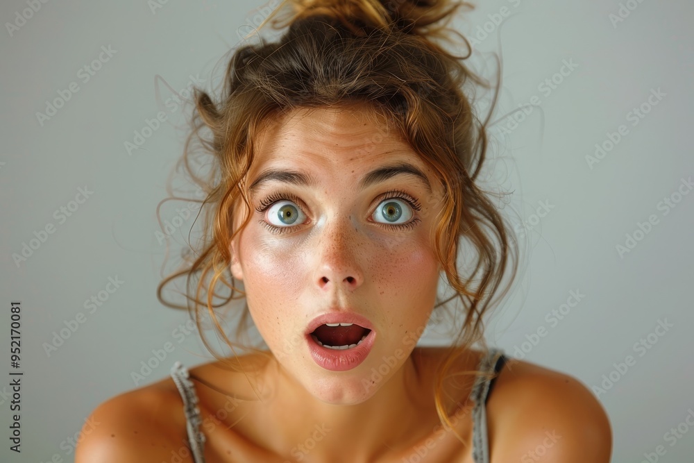 caucasian woman happy surprised look on face on light background, shock emotion caucasian woman happy surprised look on face on light background, shock emotion