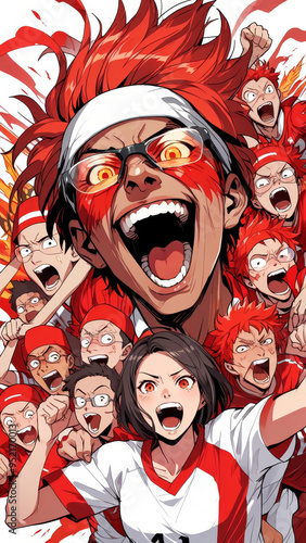 Anime-style illustration of Indonesian soccer fans cheering in a stadium while supporting their national team during the final match