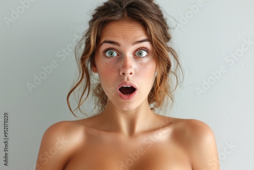 closeup caucasian woman happy surprised look on face on light background with naked shoulders, shock emotion, closeup, amazed