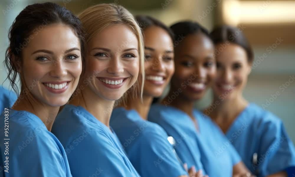 Nurses of various backgrounds smile warmly as they stand together in a healthcare setting, showcasing camaraderie and teamwork Nurses of various backgrounds smile warmly as they stand together in a healthcare setting, showcasing camaraderie and teamwork