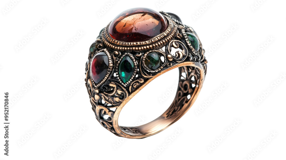 Ornate Gemstone Ring with Red and Green Stones. Ornate Gemstone Ring with Red and Green Stones.