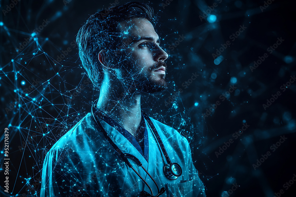Abstract digital background banner featuring a wireframe of a male doctor dressed in a medical gown Abstract digital background banner featuring a wireframe of a male doctor dressed in a medical gown