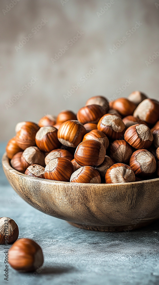 macro closeup flat lay food background photo of a bowl full of hazelnuts on a wooden table with some nuts spread on the tabletop and blank text space at side macro closeup flat lay food background photo of a bowl full of hazelnuts on a wooden table with some nuts spread on the tabletop and blank text space at side
