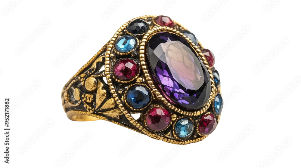 Gold ring with amethyst and other gemstones. Gold ring with amethyst and other gemstones.