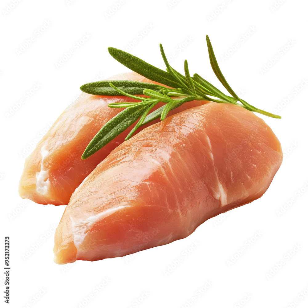 Fresh uncooked chicken breasts with herbs on a plain background, transparent Fresh uncooked chicken breasts with herbs on a plain background, transparent