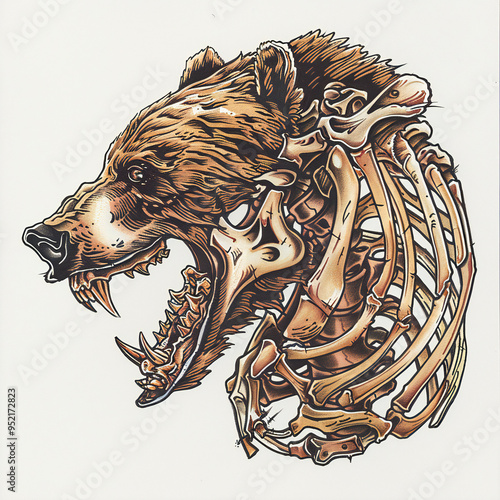 Grizzly Bear head skeleton bones very simple traditional tattoo flash styles illustration