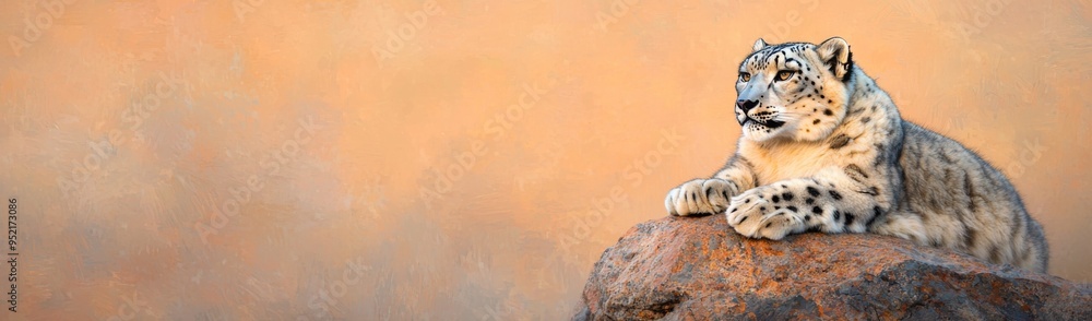 A majestic snow leopard resting on a rocky surface, showcasing its beautiful spotted fur against a warm, soft background. A majestic snow leopard resting on a rocky surface, showcasing its beautiful spotted fur against a warm, soft background.