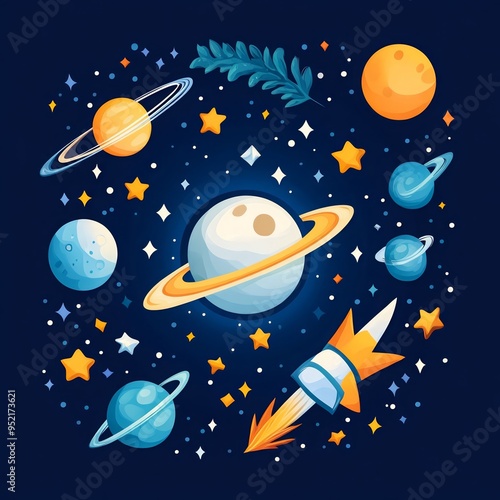 Colorful space illustration with planets, stars, and a rocket on a dark blue background, perfect for children's educational material.