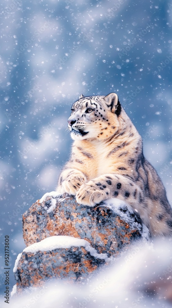 Fototapeta premium A majestic snow leopard rests on a rocky perch, surrounded by a serene snowfall, showcasing its beautiful fur and tranquil expression.