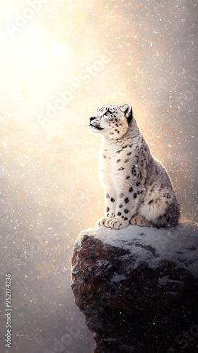 A majestic snow leopard sits gracefully on a rocky ledge, surrounded by a serene snowfall, embodying the beauty of winter. photo