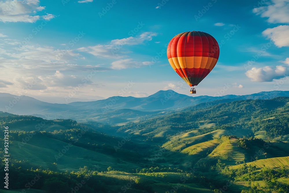 Naklejka premium Beautiful green mountain with hot air balloon flying in the sky.