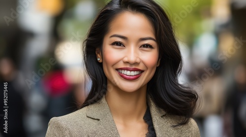A cheerful Asian woman strolls through the lively streets, radiating confidence and warmth