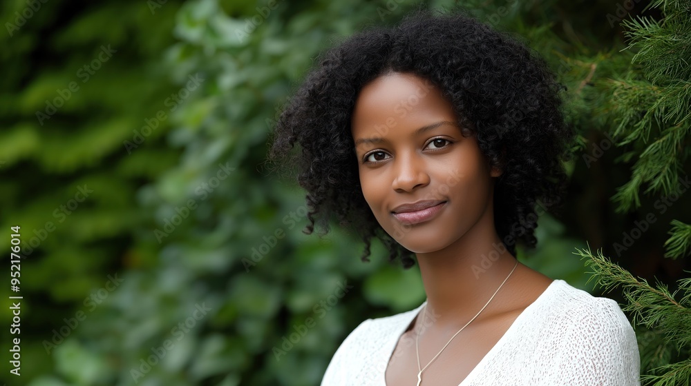 A young Black woman stands gracefully outdoors, surrounded by lush greenery