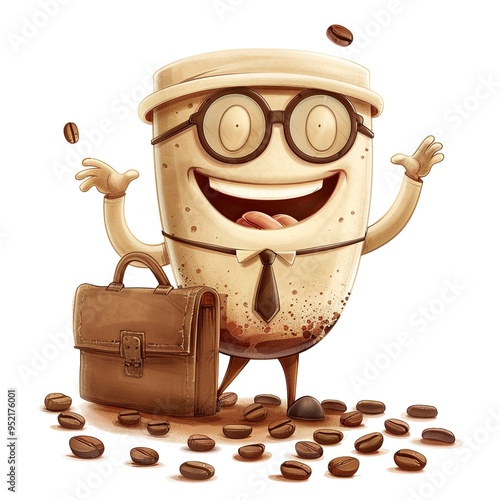 Generate an image of a happy coffee cup wearing glasses, holding a briefcase, surrounded by coffee beans. Agenerative ai photo