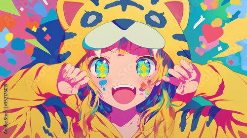 cute tiger character wearing anime onesie costume, anime style, cute kawaii, simple, smiling happy. neon psychedelic background