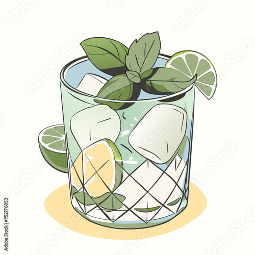 Hand drawn Mojito cocktail with ice mint and lime on a isolated white background (9)