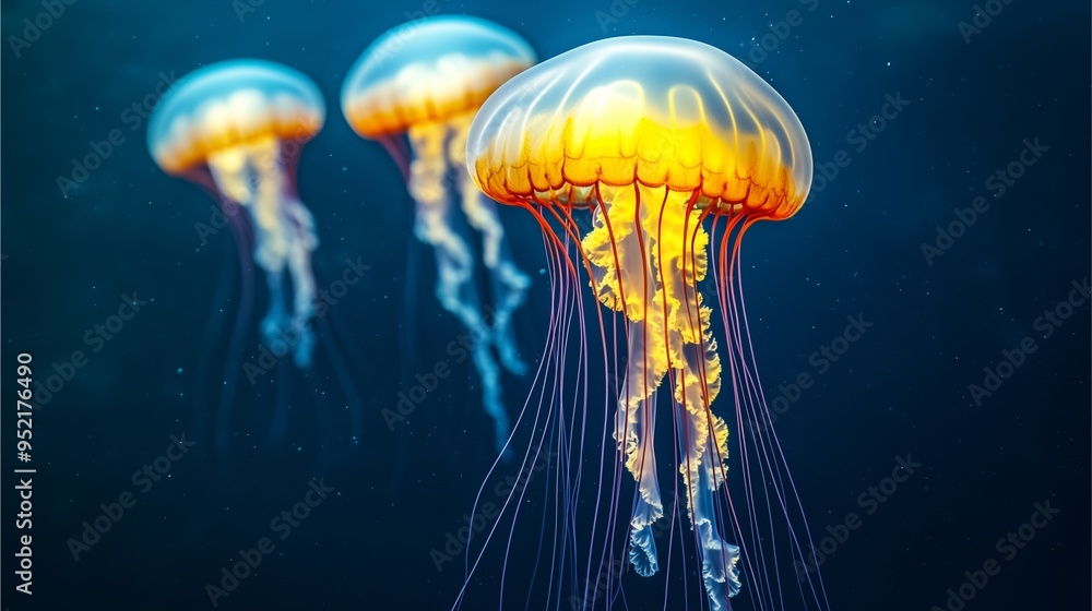 Radiant Glow Theme: Glowing Jellyfish in Deep Blue Ocean with Soft Lighting. Radiant Glow Theme: Glowing Jellyfish in Deep Blue Ocean with Soft Lighting.
