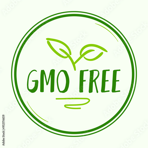 GMO free round green label with leaf and text, for genetically unmodified products packaging. label or logo sticker or print on product.