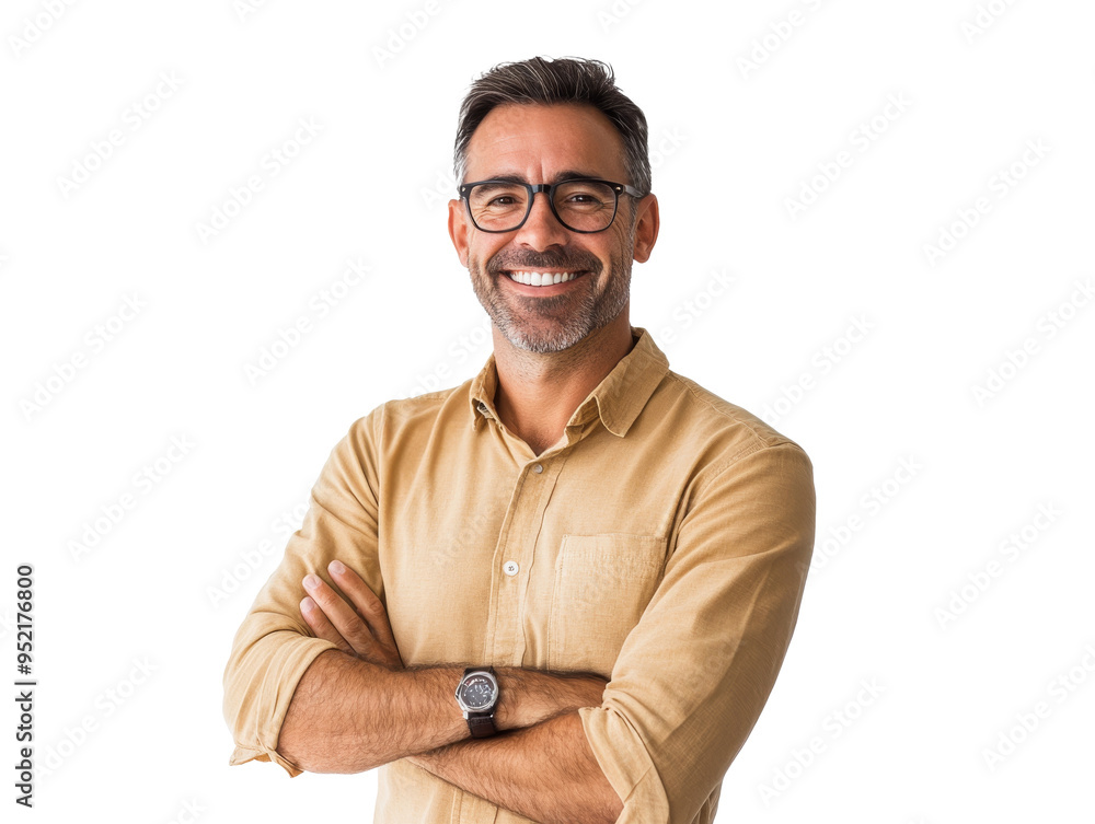 Confident man in casual shirt stands with arms crossed and smiles, transparent Confident man in casual shirt stands with arms crossed and smiles, transparent